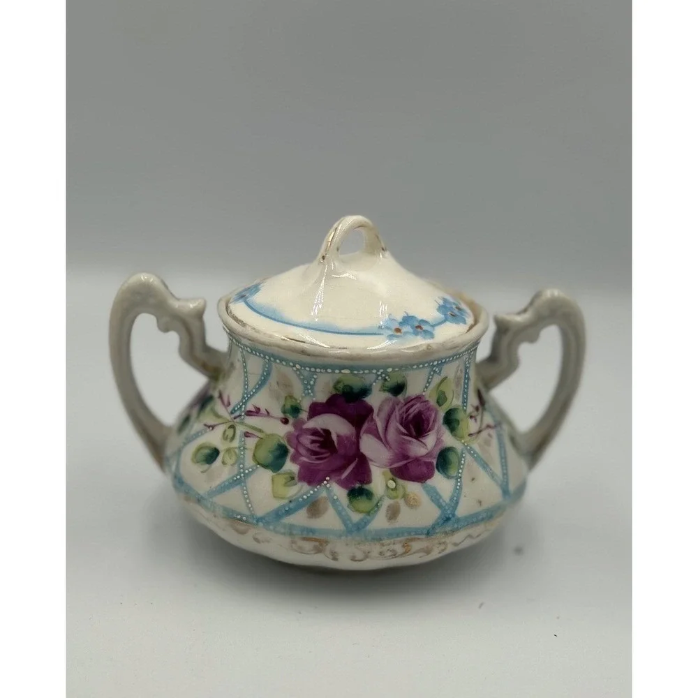Vintage Porcelain Hand painted Floral Pink Blue Sugar Jar Double Handles Lid